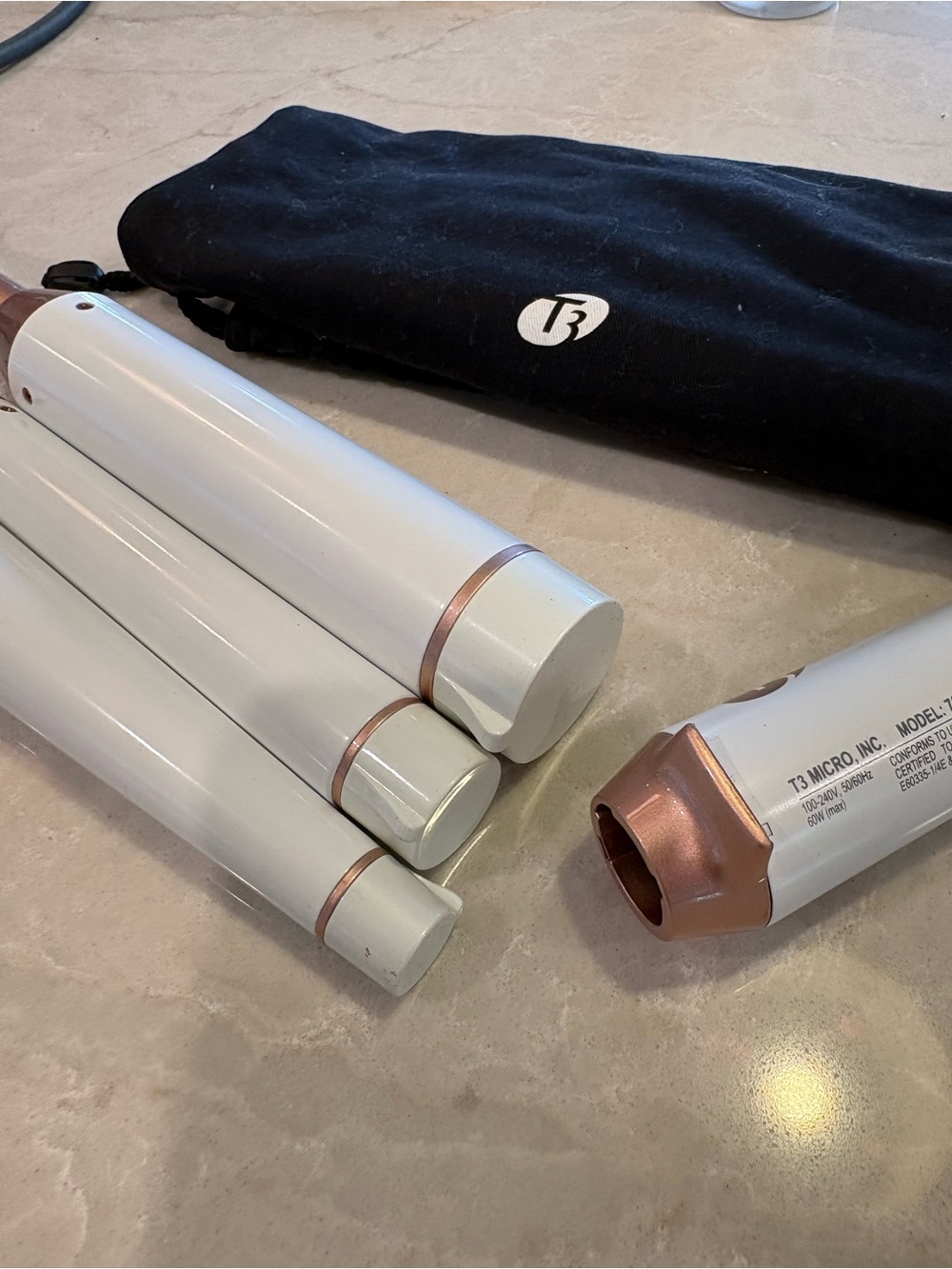 T3 White and Rose Gold Interchangeable Styling Wand Set with Black Pouch